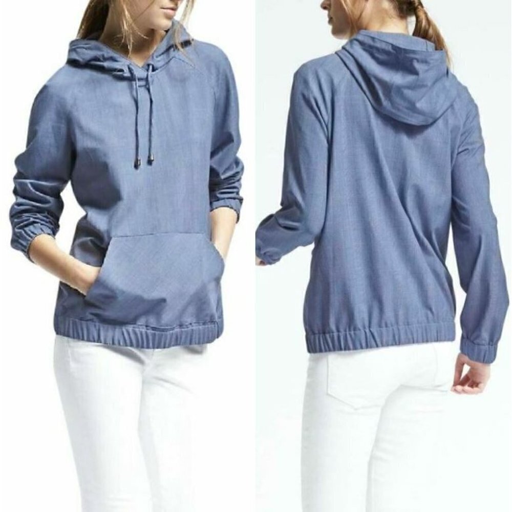 Banana Republic Womens Medium Luxe Brushed Twill Hoodie Blue Plaid Pockets